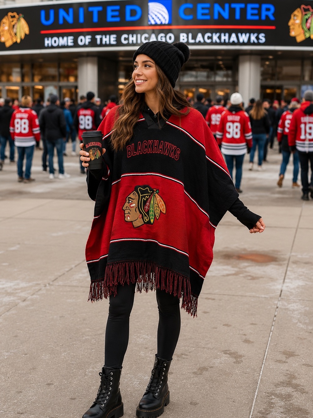 Chicago Blackhawks NHL Embroidered Poncho Sweater Fringe Red Black Fan Gear